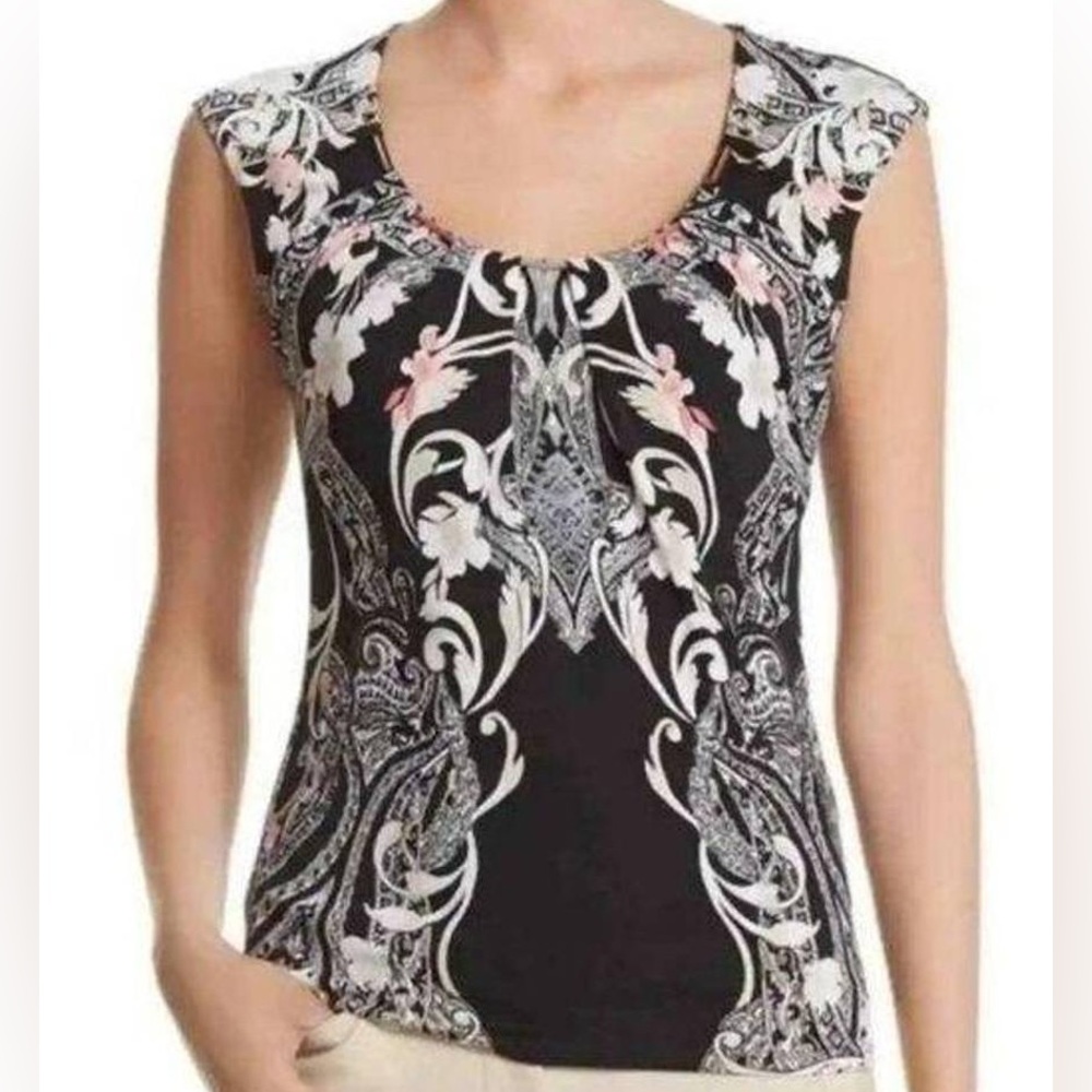 White House | Black Market Black Floral Paisley Sleeveless Chain Detail Blouse